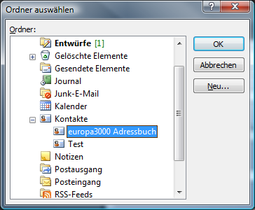 Outlook choose contact folder e3k