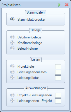 Project lists select window